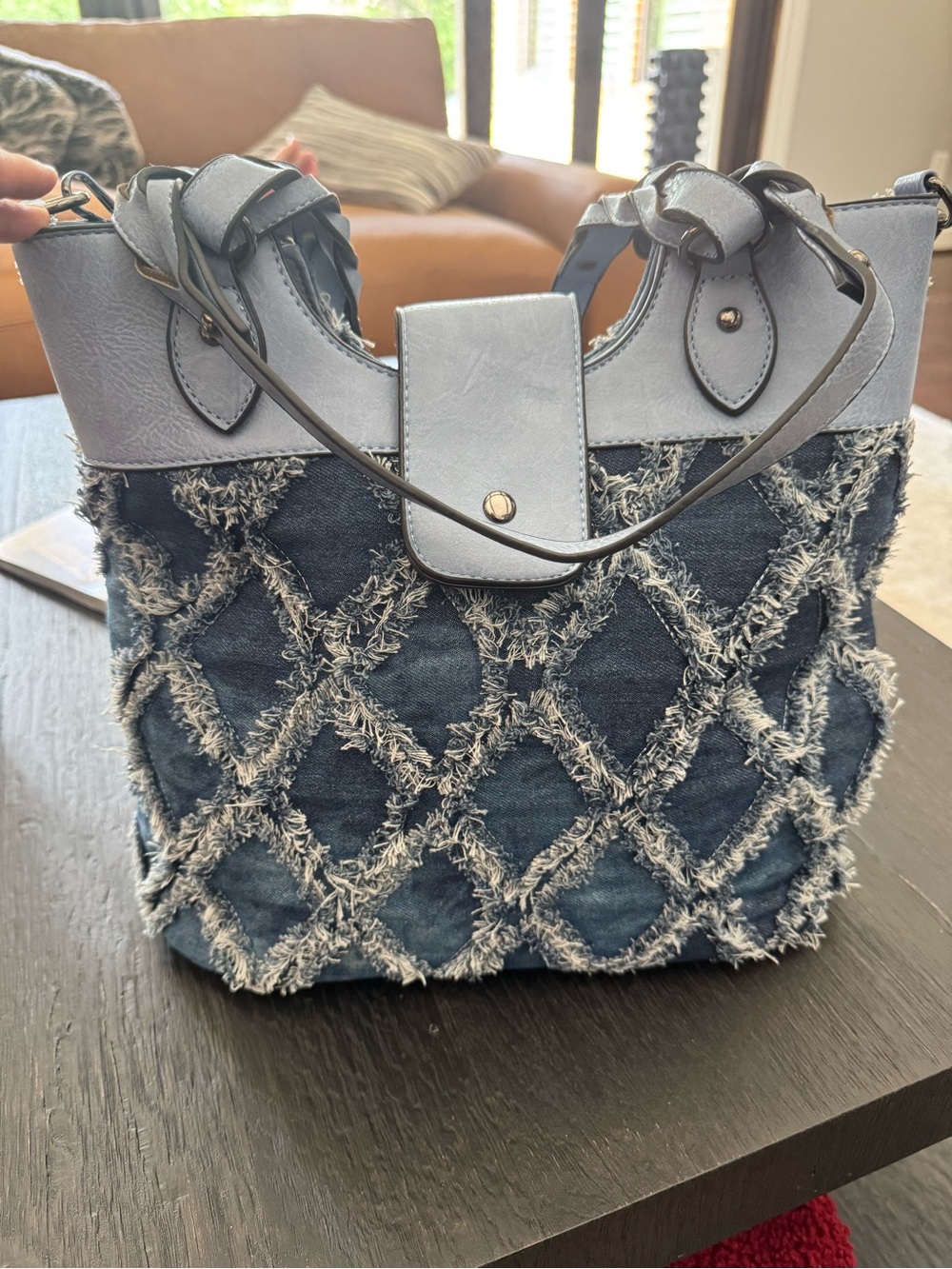 Frayed Denim-Textured Tote with Light Blue Trim